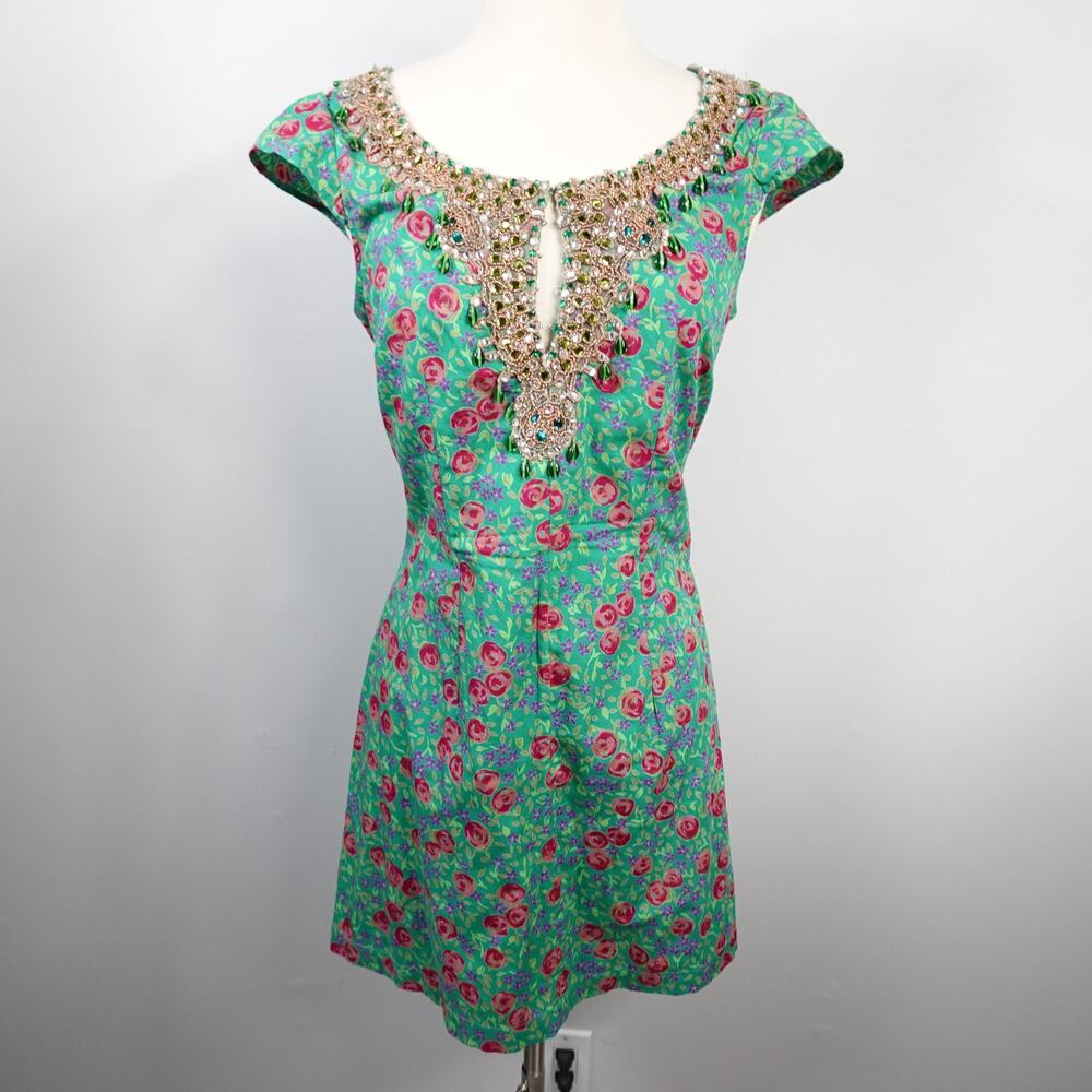 Vintage Plenty by Tracy Reese Green Floral Crystal Beaded Cotton Mini Dress 8